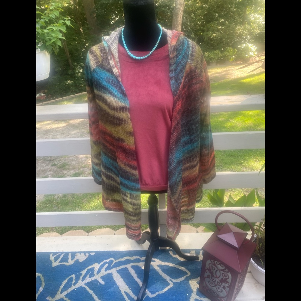 One World Lightweight cardigan with Hoodie for Fall; multicolor Med.